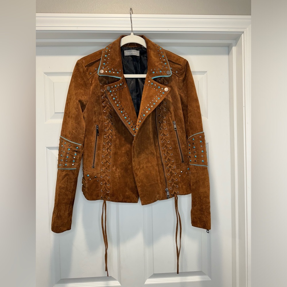 Bagatelle Brown Suede Leather Jacket with Turquoise Details